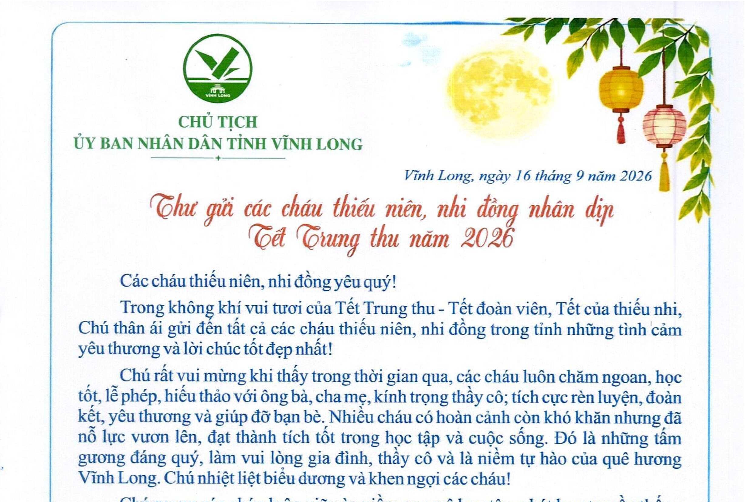 Thư gửi các cháu thiếu niên, nhi đồng nhân dịp Tết Trung thu năm 2026