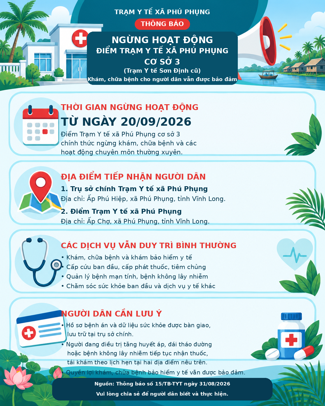 Thông báo ngừng hoạt động điểm Trạm Y tế cơ sở 3 (Trạm Y tế Sơn Định) từ ngày 20 tháng 9 năm 2026
